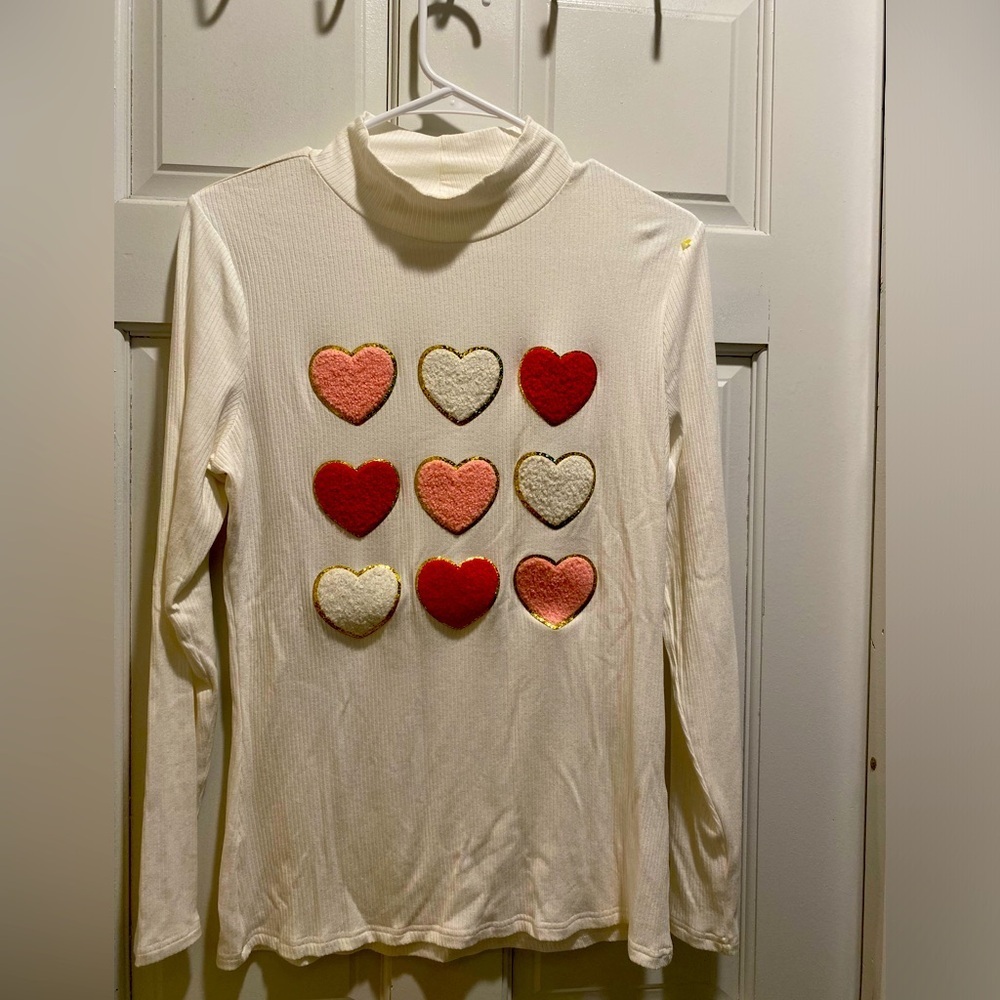 Heart Pattern Long Sleeve Shirt - Cream, Red, Gold